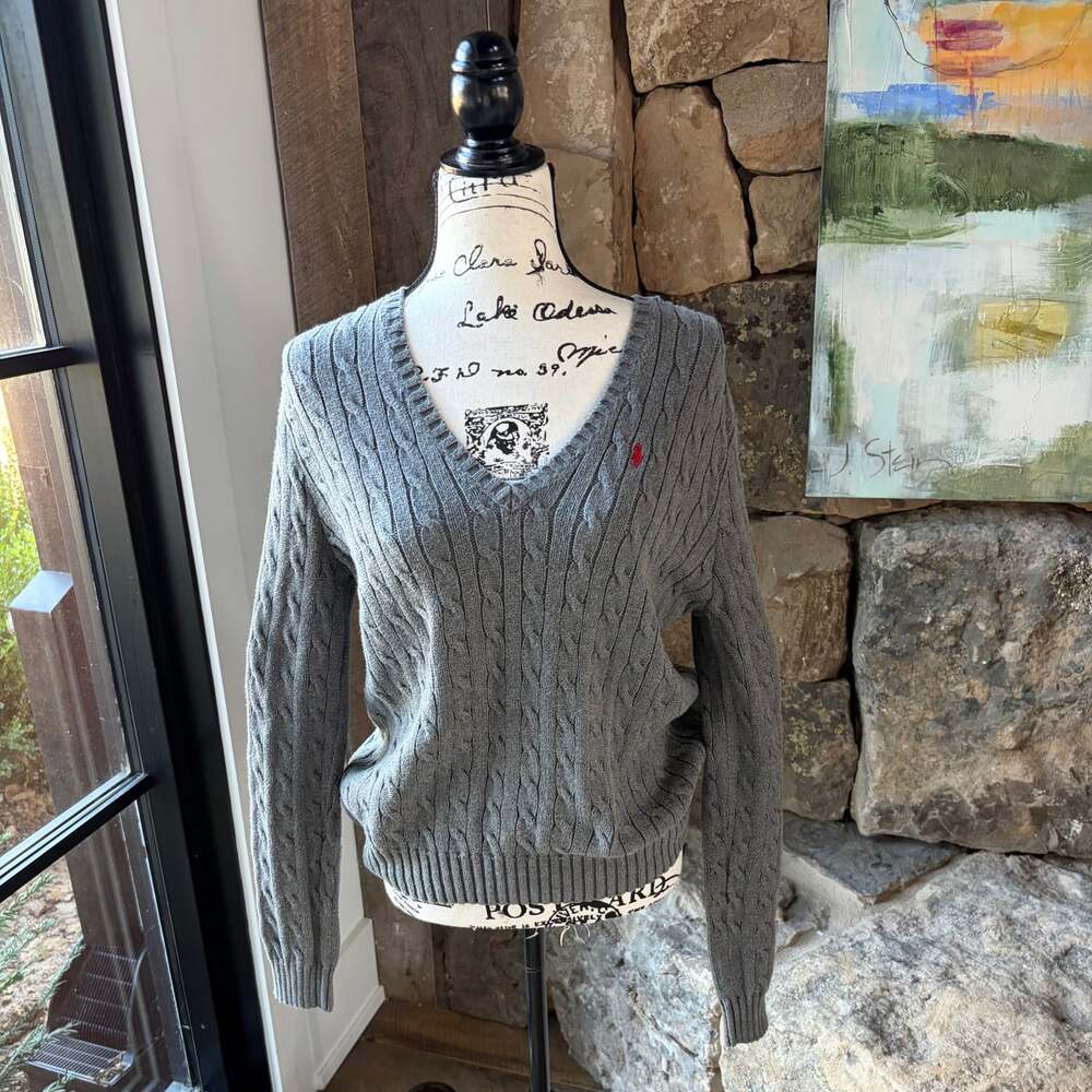 Ralph Lauren Sport Women’s XL Gray Cable Knit V-Neck Sweater 100% Cotton